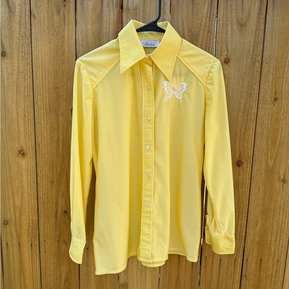 Vintage 70s Adelaar Yellow Button Up Shirt with Embroidered Butterfly Size S/M